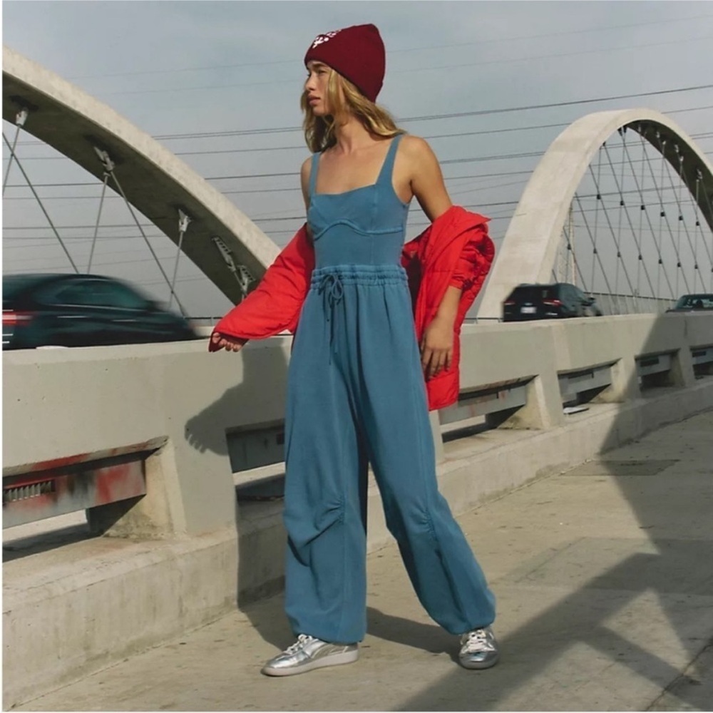 NWT FREE PEOPLE movement Inbound onesie skyline misty blue Jumpsuit w Drawstring - Picture 3 of 7
